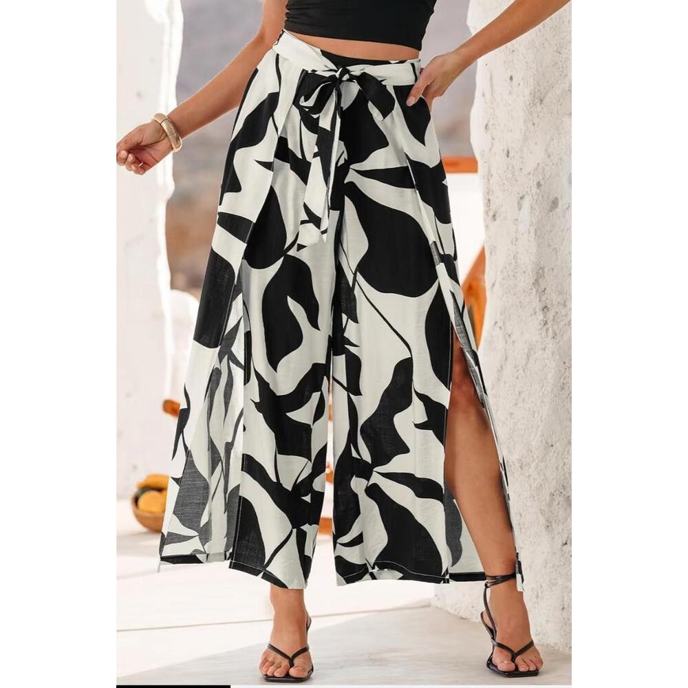 Black Palm Print Split Hem Cover-Up Beach Wear